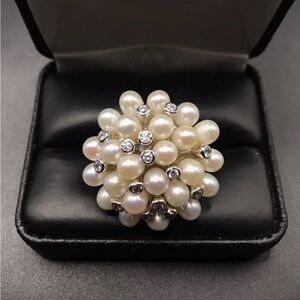 925 Sterling Silver Classic Pearl Cluster Cocktail Ring Size 7